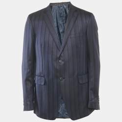 Etro Blue Striped Silk Blend Single Breasted Blazer XL