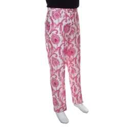 Pre Owned Etro White and Pink Paisley and Floral Printed Linen Mexico Trousers L