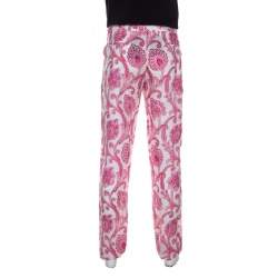 Pre Owned Etro White and Pink Paisley and Floral Printed Linen Mexico Trousers L