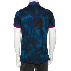 Pre Owned Etro Blue Paisley Print Cotton Pique Contrast Collar & Cuff Polo T Shirt L