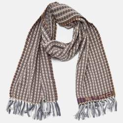 Pre Owned Etro Grey Textured Wool Fringed Muffler