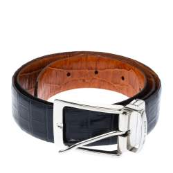 Pre Owned Etro Dark Teal Alligator Embossed Leather Buckle Belt 105 CM