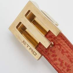 Pre Owned Etro Orange Embossed Leather Logo Buckle Belt 115 CM
