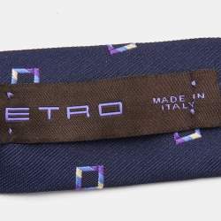 Pre Owned Etro Navy Blue Square Patterned Silk Jacquard Tie