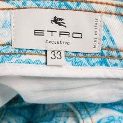 Pre Owned Etro Blue Paisley Print Demin Bermuda Shorts S Waist 33"