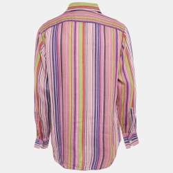 Pre Owned قميص بأكمام كاملة إيترو كتان مخطط متعدد الألوان كبير