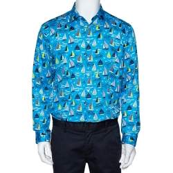 مملوكة مسبقًا Etro Blue Cotton Sail Boat Print Button Front Shirt L 