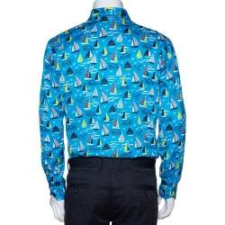 مملوكة مسبقًا Etro Blue Cotton Sail Boat Print Button Front Shirt L 