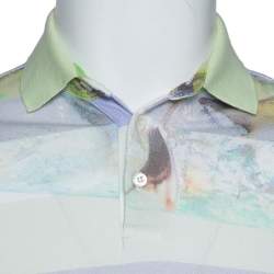 Pre Owned Etro Light Green Striped Fish Print Cotton Polo T-Shirt S