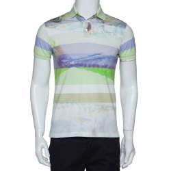 Pre Owned Etro Light Green Striped Fish Print Cotton Polo T-Shirt S
