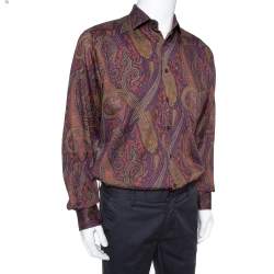 Pre Owned Etro Purple Paisley Printed Cotton Button Front Shirt XXL 
