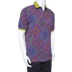 Pre Owned Etro Purple Paisley Print Cotton Contrast Collar Polo Shirt XL