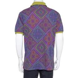 Pre Owned Etro Purple Paisley Print Cotton Contrast Collar Polo Shirt XL