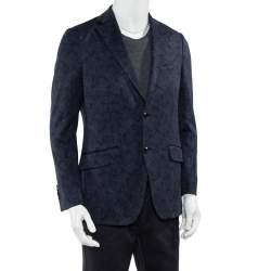 Pre Owned Etro Navy Blue Paisley Jacquard Knit Button Front Blazer L