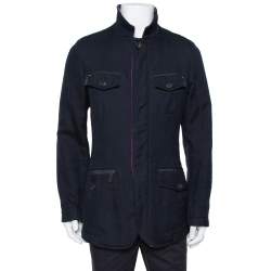 Pre Owned Etro Navy Blue Cotton & Striped Wool Lined Zip Front Jacket M