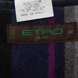 Pre Owned Etro Navy Blue Cotton & Striped Wool Lined Zip Front Jacket M