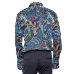 Pre Owned Etro Blue Paisley Printed Cotton Button Front Shirt XXL