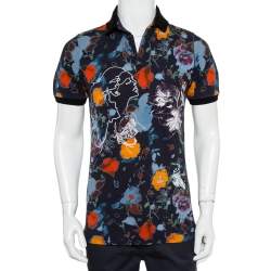 Pre Owned Etro Navy Blue Abstract Print Cotton Pique Polo T-Shirt M