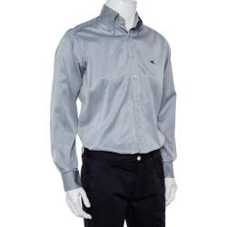 مملوكة مسبقًا Etro Grey Cotton Logo Embroidered Button Front Shirt M