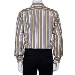 Etro Yellow & Navy Blue Striped Cotton Button Front Shirt S   