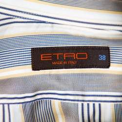 Etro Yellow & Navy Blue Striped Cotton Button Front Shirt S   