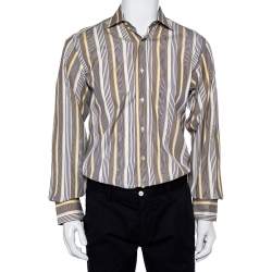 Etro Yellow & Navy Blue Striped Cotton Button Front Shirt S   