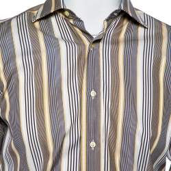 Etro Yellow & Navy Blue Striped Cotton Button Front Shirt S   