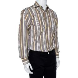 Etro Yellow & Navy Blue Striped Cotton Button Front Shirt S   