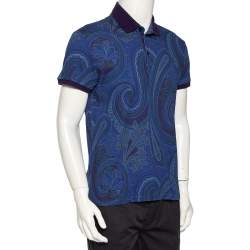 Pre Owned Etro Blue Paisley Printed Cotton Knit Polo T-Shirt M