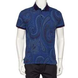 Pre Owned Etro Blue Paisley Printed Cotton Knit Polo T-Shirt M