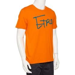 Pre Owned Etro Orange Logo Embroidered Cotton Crewneck T-Shirt L