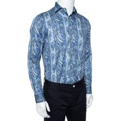 Pre Owned Etro Blue Paisley Printed Cotton Button Front Shirt M