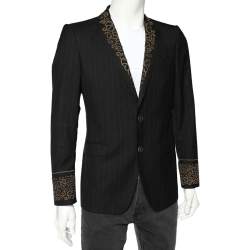 مملوكة مسبقًا جاكيت بليزر إيترو صوف أسود مخطط بحواف جلد مقاس متوسط - ميديوم