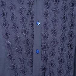 Pre Owned قميص إيترو قطن أزرق كحلي تطريز وزخرفة يدوية بأزرار أمامية مقاس كبير - لارج