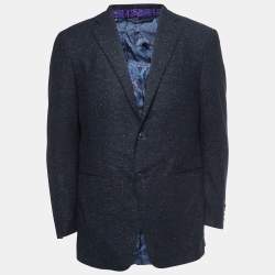 Pre Owned Etro Navy Blue Patterned Wool Blend Single Breasted Blazer L