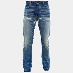 Pre Owned Fear of God Blue Denim Distressed Straight Fit Jeans M