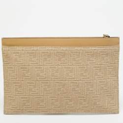 Pre Owned Fendi Medium Beige FF Jacquard Canvas Flat Pouch