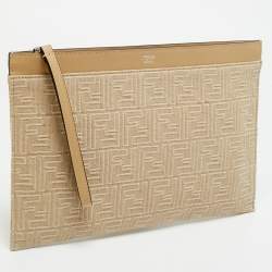 Pre Owned Fendi Medium Beige FF Jacquard Canvas Flat Pouch