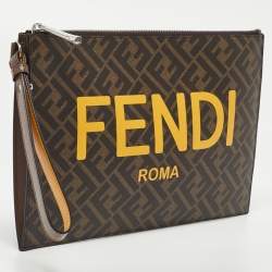 Pre Owned Fendi Tobacco Zucca Coated Canvas FENDI ROMA Flat Wristlet Pouch