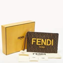 Pre Owned Fendi Tobacco Zucca Coated Canvas FENDI ROMA Flat Wristlet Pouch