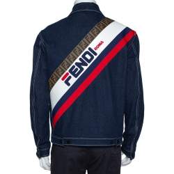 Pre Owned Fendi Navy Blue Denim & Latex Embossed Logo Detail Jacket L