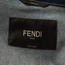 Pre Owned Fendi Navy Blue Denim & Latex Embossed Logo Detail Jacket L