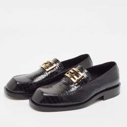 Fendi Black Cro Embossed Leather Ff Baguette-Motif Loafers Size 42
