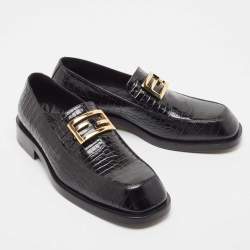 Fendi Black Cro Embossed Leather Ff Baguette-Motif Loafers Size 42