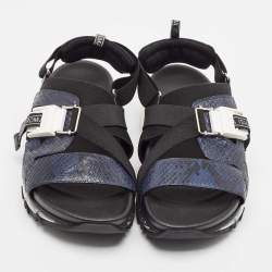 Pre Owned Fendi Blue/Black Python and Canvas Flat Sandals Size 43