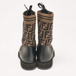 Fendi Black/Brown Fabric and Leather Rockoko Combat Boots Size 41
