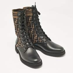 Fendi Black/Brown Fabric and Leather Rockoko Combat Boots Size 41