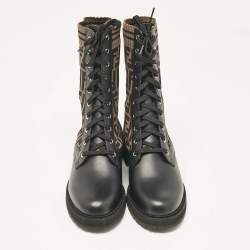 Fendi Black/Brown Fabric and Leather Rockoko Combat Boots Size 41