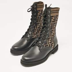 Fendi Black/Brown Fabric and Leather Rockoko Combat Boots Size 41