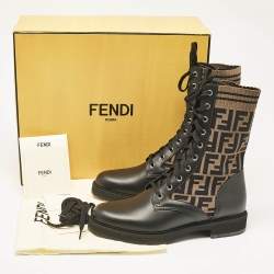 Fendi Black/Brown Fabric and Leather Rockoko Combat Boots Size 41